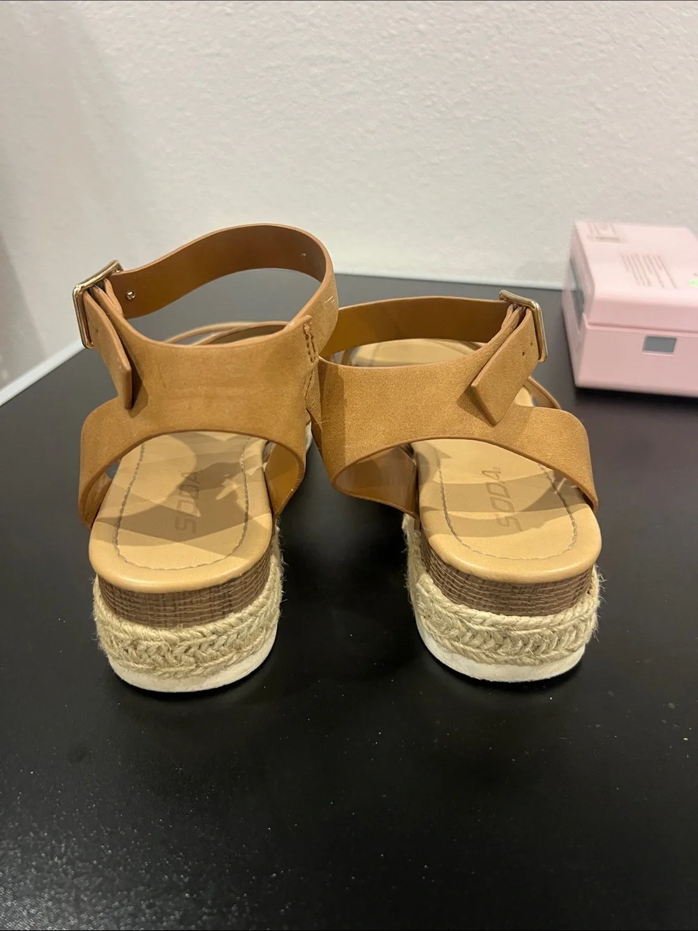 Soda Tan Strappy Espadrille Platform Sandals with Ankle Buckle